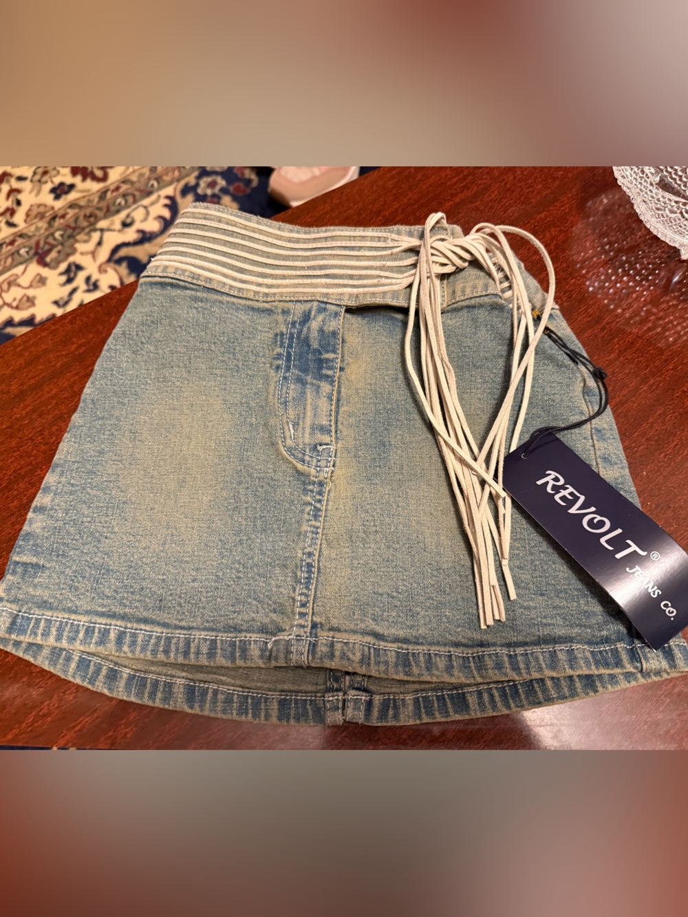 Youth Dead Stock Revolt Denim Mini Skirt with Fringe Tie